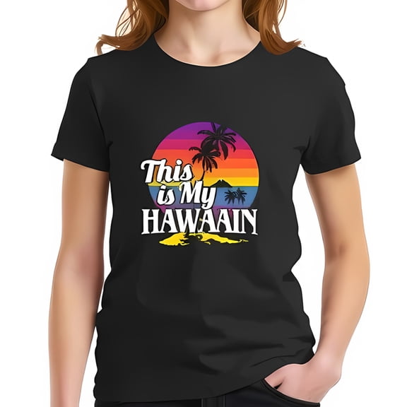 Vibrant Rainbow Sunset Graphic T-Shirt with Silhouetted Trees - 'This is My Hawaiian' - Relaxed Fit Cotton Short Sleeve Tee