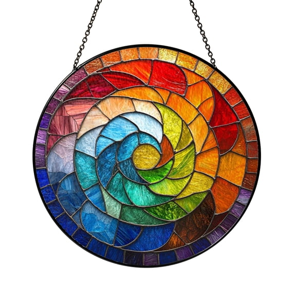 Vibrant Rainbow Swirl Window Ornament, Stained Glass Style Ceramic Round Hanging Decoration Gift