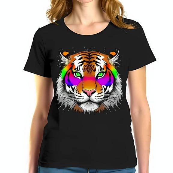 Vibrant Rainbow Tiger Graphic Cotton Short Sleeve T-Shirt - Bold Design on Black