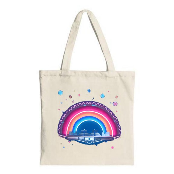 Vibrant Rainbow Tote Bag with Whimsical Stars & Planets Futuristic Cityscape Design - Perfect for Shopping Travel & Parties