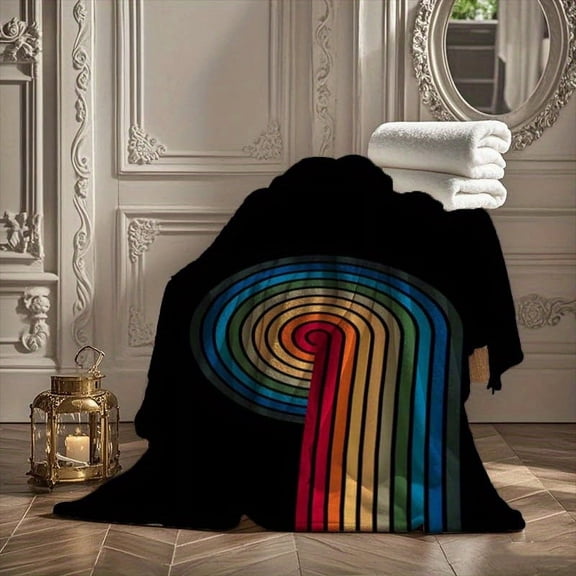 Vibrant Rainbow Track Black Flannel Throw Blanket – Modern Digital Print Lightweight All-Season Comfort for Sofa Bed Travel and Camping Cozy Bedding Contemporary Style Soft Textur