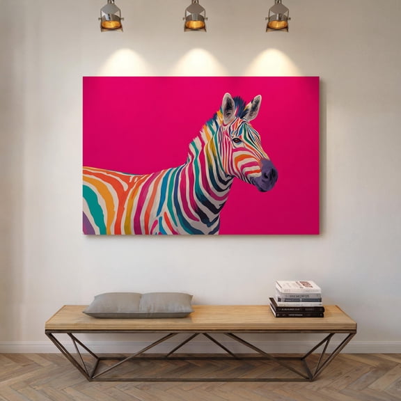 Vibrant Rainbow Zebra Pop Art on Pink, wall decor, home decor, art print, gallery wall, living room art, statement artwork, interior decor, vintage artwork, gift idea