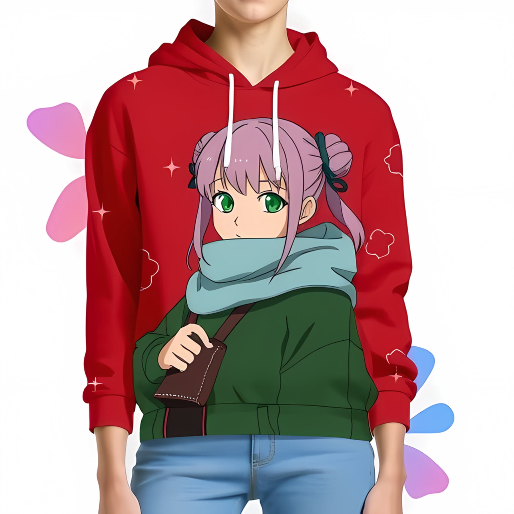 Vibrant Red 3D Hoodie with Anime Girl Design - Lilac Hair Green Eyes ...