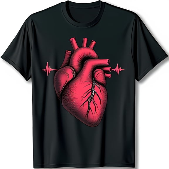 Vibrant Red Anatomical Heart Graphic on Black T-Shirt Unique Design