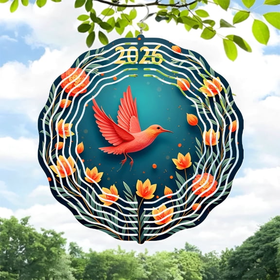 Vibrant Red Bird in Metal Wind Spinner with Orange Flowers & Green Leaves 2026 Design Circular Wreath Perfect for Garden Decor