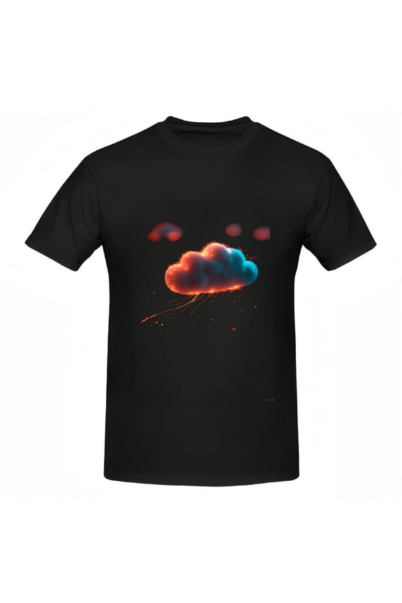 Vibrant Red & Blue Cloud Design Cotton Short Sleeve T-Shirt for Women - Glowing Effect with Rain Lines on Black Background
