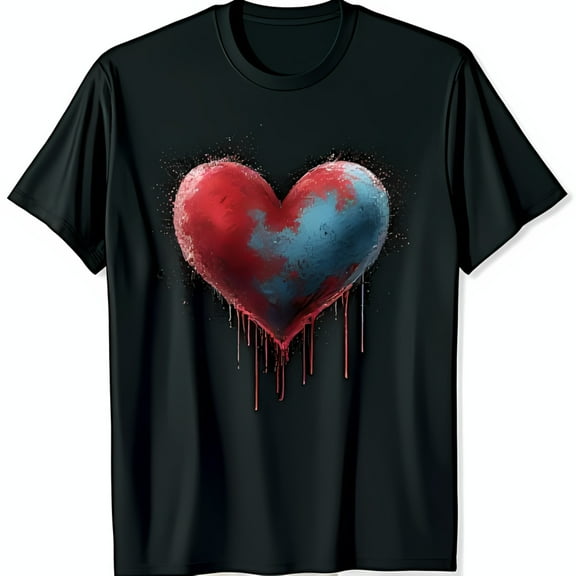 Vibrant Red & Blue Dripping Heart Graphic Black T-Shirt for Passionate Style