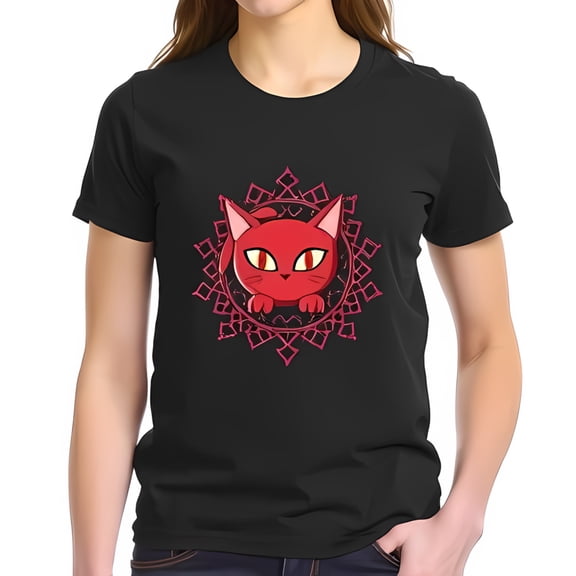 Vibrant Red Cat Graphic Cotton Short Sleeve T-Shirt with Intricate Design - Perfect for Cat Lovers