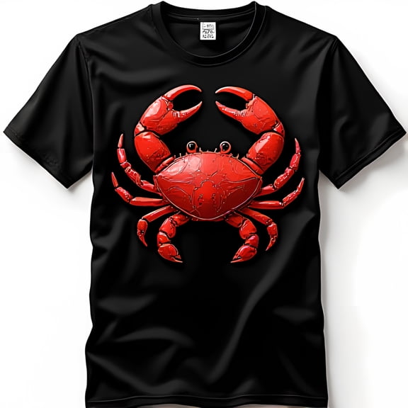 Vibrant Red Crab Design Black T-Shirt Detailed Graphic Print Casual Fit
