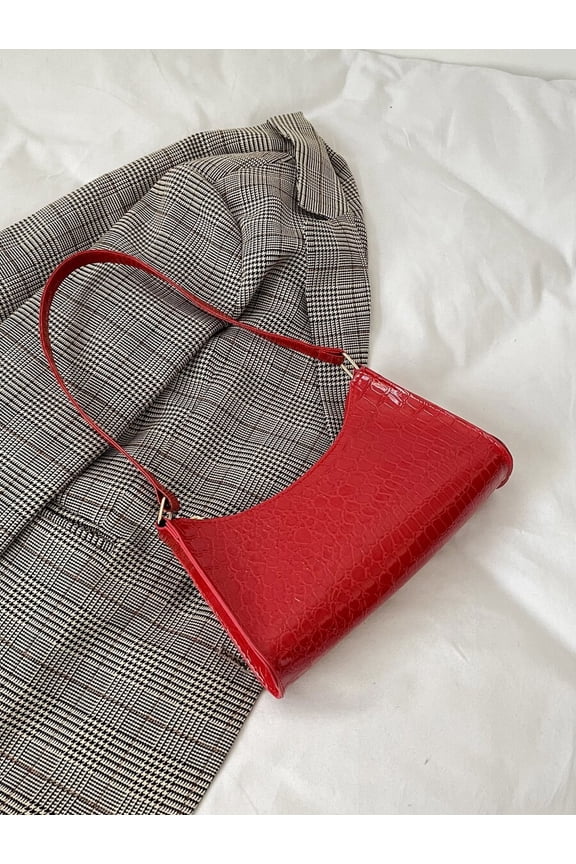 Vibrant Red Croc-Embossed Mini Shoulder Bag With Adjustable Strap