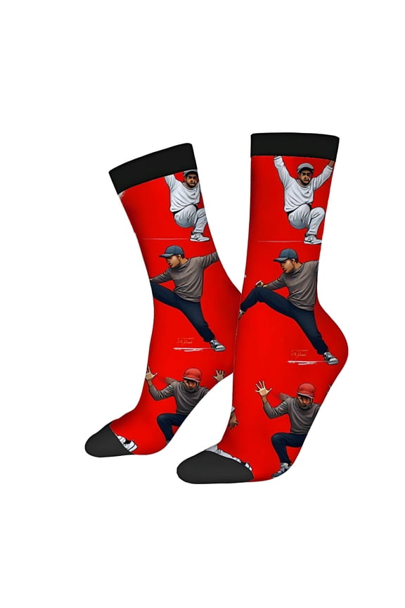 Vibrant Red Dynamic Motion Socks - 2 Pairs of Unisex Trendy Socks with Energetic Illustrations of a Person in Action