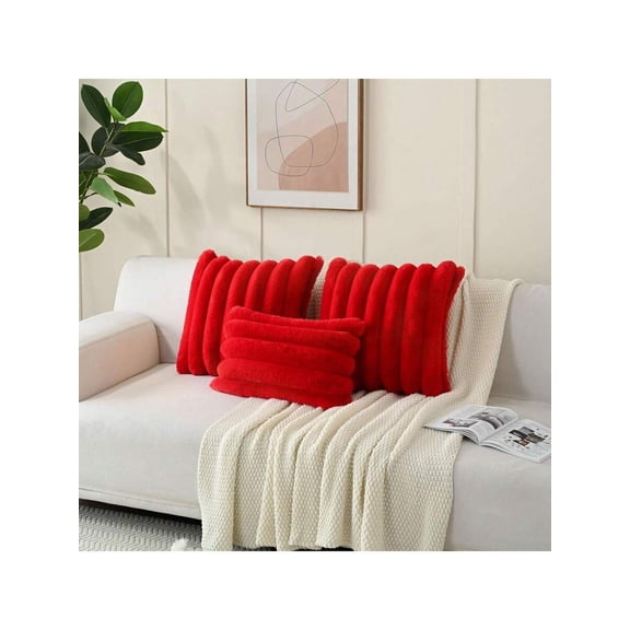 Vibrant Red Faux Fur Vertical Ribbed Bolster Pillow Cover, Soft Decorative Lumbar Sham For Sofa