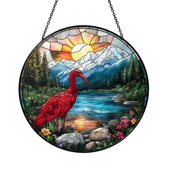 Vibrant Red Heron Stained Glass Window Hanging, Nature-Themed Home Decor, Gift Idea for Bird or Garden Enthusiasts