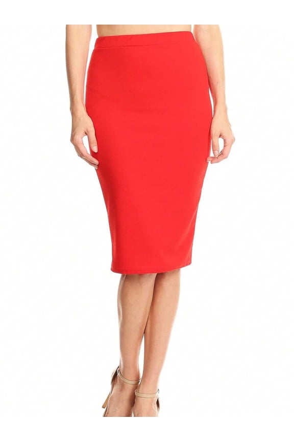 Vibrant Red High-Waist Stretch Pull-On Bodycon Pencil Midi Skirt
