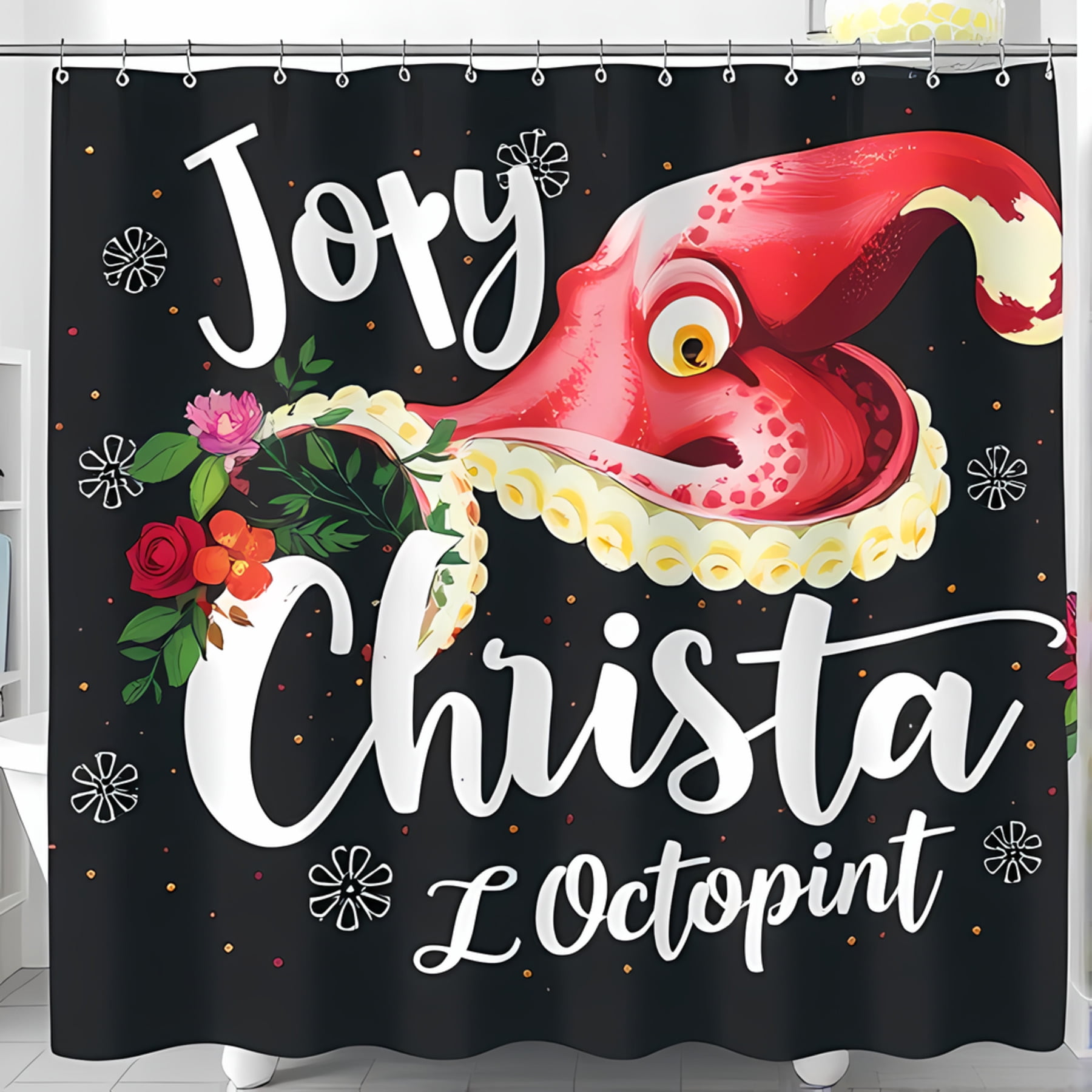 Vibrant Red Octopus Shower Curtain with Playful Design Cursive 'Joy ...