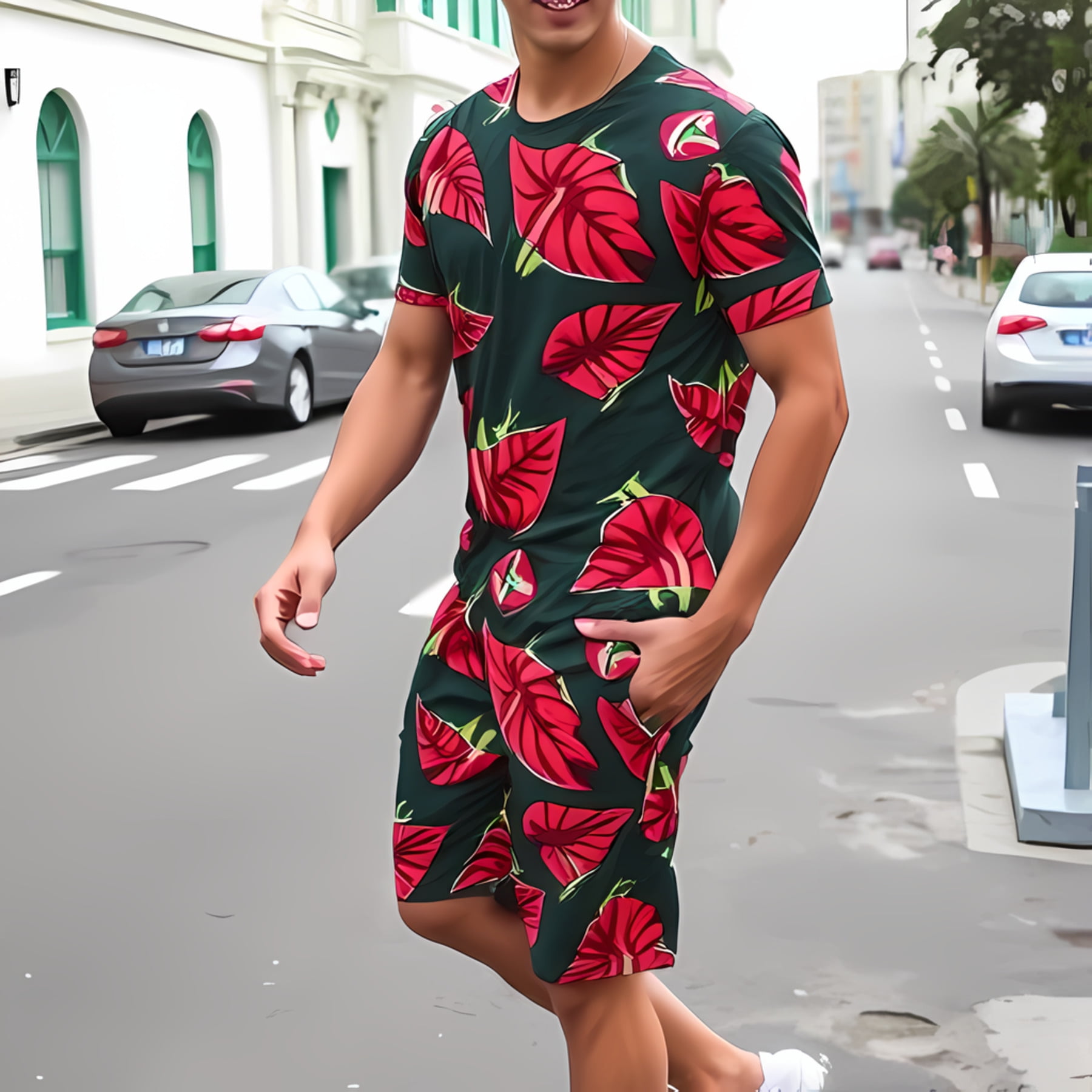 Vibrant Red Pattern T-Shirt and Shorts Set for Men - Stylish Summer ...