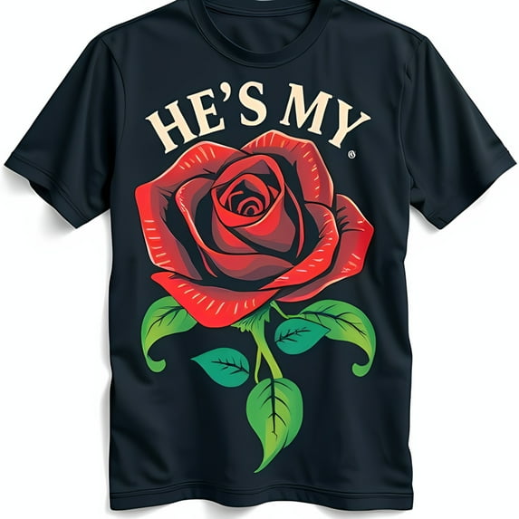 Vibrant Red Rose Graphic Black T-Shirt Bold HE S MY Design for a Striking Look