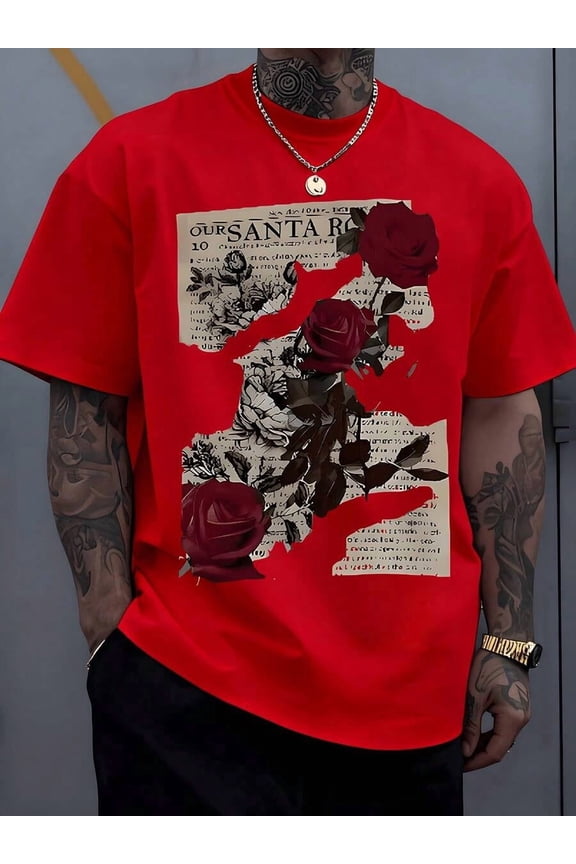 Vibrant Red Roses And Distressed Newspaper Print Plus Size Graphic T-Shirt Casual 100% Cotton Mens Tee