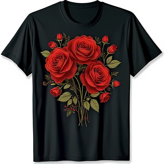 Vibrant Red Roses Graphic Black T-Shirt Soft Casual Wear for Everyday Style