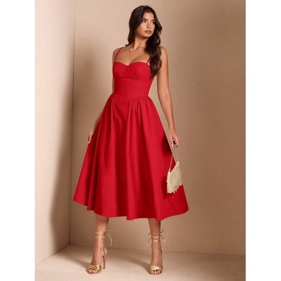 Vibrant Red Spaghetti Strap Fit & Flare Midi Dress For Elegant Parties, Date Nights, Or Sophisticated Daywear