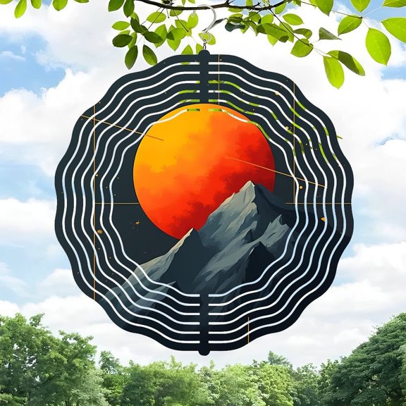 Vibrant Red Sun Metal Hanging Wind Spinner with Concentric Waves & Mountain Design - Perfect for Yard & Garden Decor