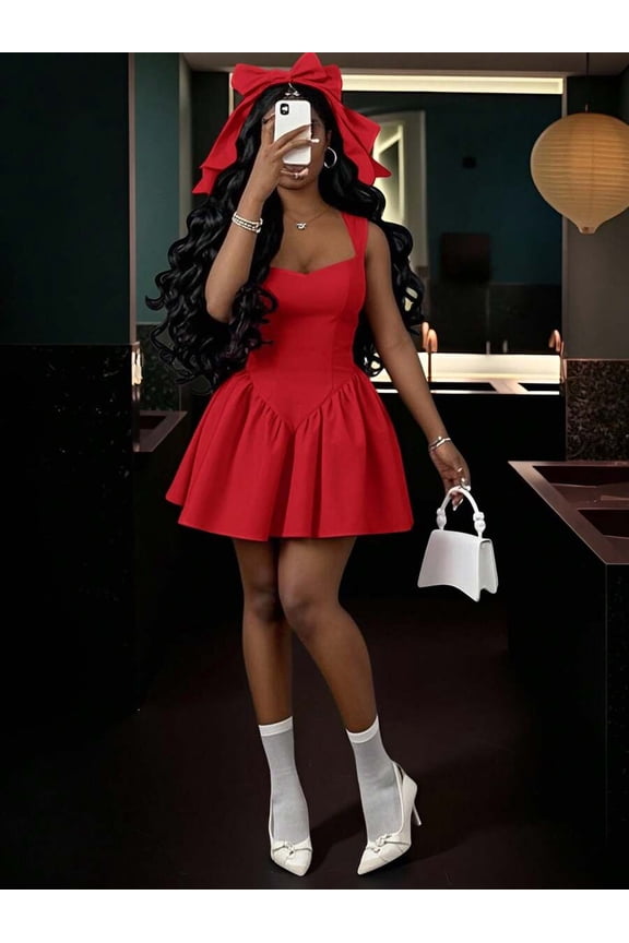 Vibrant Red Sweetheart Neck Sleeveless Backless A-Line Skater Mini Dress For Women