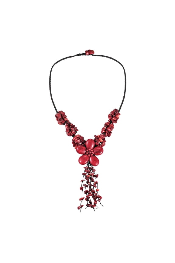 Vibrant Red Synthetic Coral Flower & Stone Cluster Statement Necklace