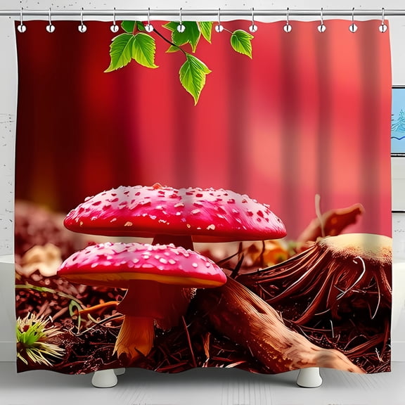 Vibrant Red Toadstool Shower Curtain Magical Realism Design with Glossy & Green Leaves Perfect for Bathroom Decor