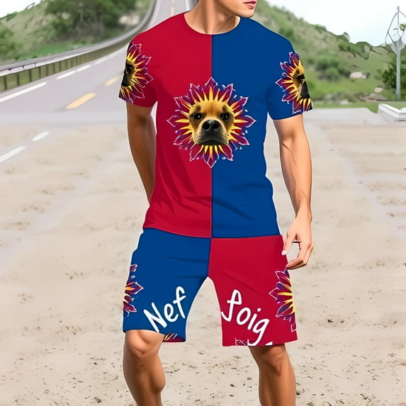Vibrant Red and Blue Color - Block T-Shirt and Shorts Set with Floral Dog Face Design - Summer Athletic Wear