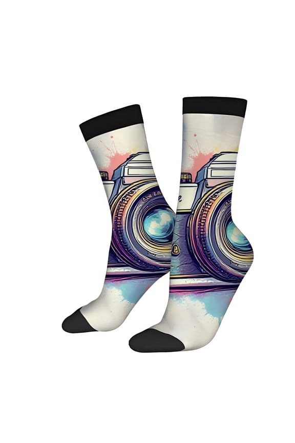Vibrant Retro Camera Design Socks (2 Pairs) - Unisex Trendy Mixed Color Socks for All Seasons - Stylish Blue & Pink Pattern with Black Accents