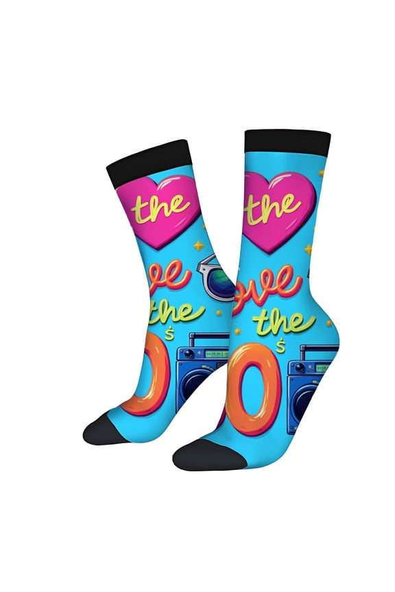Vibrant Retro Design Socks - 2 Pairs Blue with Pink Heart & Boombox Unisex Trendy Mixed Color Socks Nostalgic 80s Style