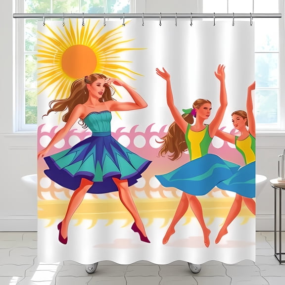 Vibrant Retro Inspired Shower Curtain with Colorful Dancers in Teal and Blue Dresses Sun & Ocean Waves Design