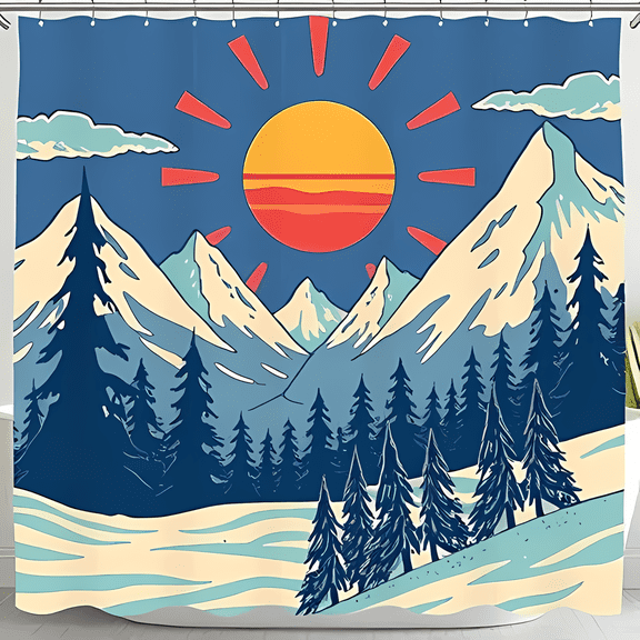Vibrant Retro Mountain Range Shower Curtain - Majestic Sunset Design for Serene Bathroom Decor