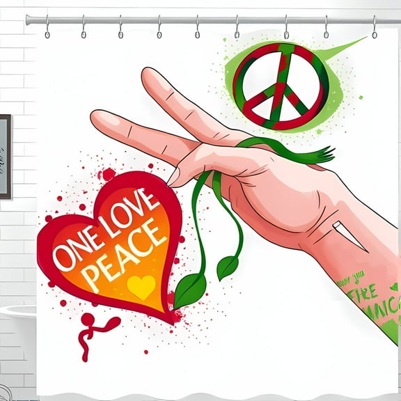 Vibrant Retro Peace Sign Shower Curtain with Heart & " One Love Peace " Graphic Design