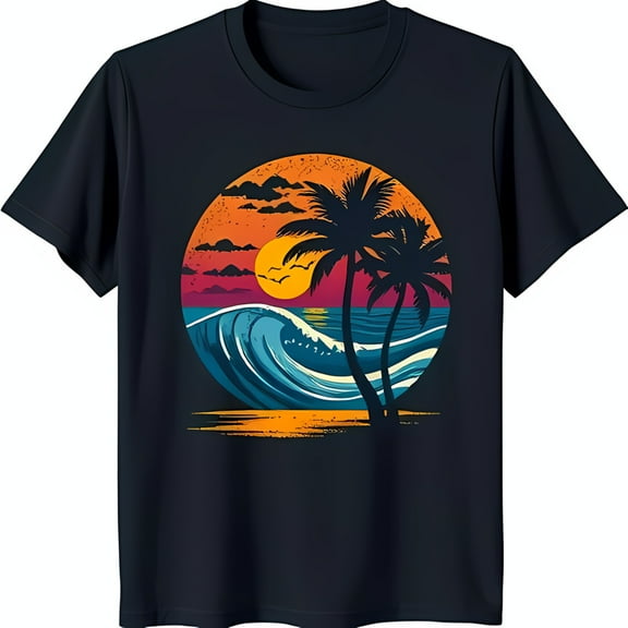 Vibrant Retro Sunset Graphic on Black T-Shirt Beach Day Vibes