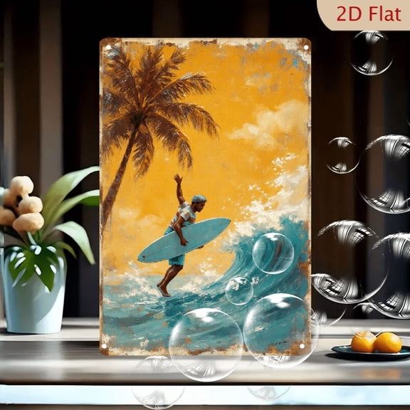 Vibrant Retro Surfer Art 8x12 Inches Metal Wall Decor, Vintage Painterly Print of Dark Skinned Man Riding Turquoise Wave Under Golden Sky with Palm Tree, Distressed Border for Beach Home Living Room