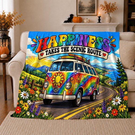 Vibrant Retro Van Coastal Road Trip Theme Hippie, Peaceful Mountain Lake Scene, Warm Flannel Blanket for Cabin and Lodge, Outdoor Lovers Valentine's Day Gift, Rustic Home Decor