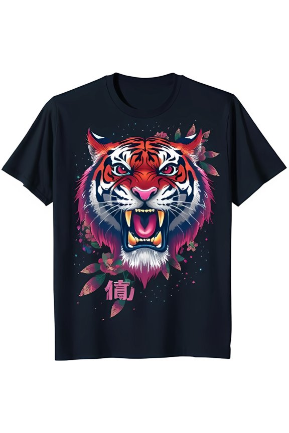 Vibrant Roaring Head T-Shirt with Floral Design Blue Graphic Tee