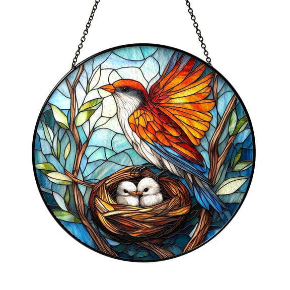 Vibrant Robin Family Stained Glass Window Hanging, Round Tree Nest Scene, Nature-Themed Home Decor, Gift Idea for Moms