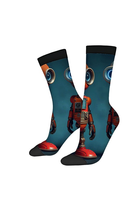Vibrant Robot Design Socks - 2 Pairs of Unisex Trendy Socks with Retro - Futuristic Style Perfect for All Seasons