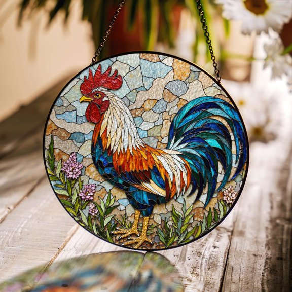 Vibrant Rooster Glass Suncatcher, Farm Animal Decor Colorful Window Gift, 6.3 in