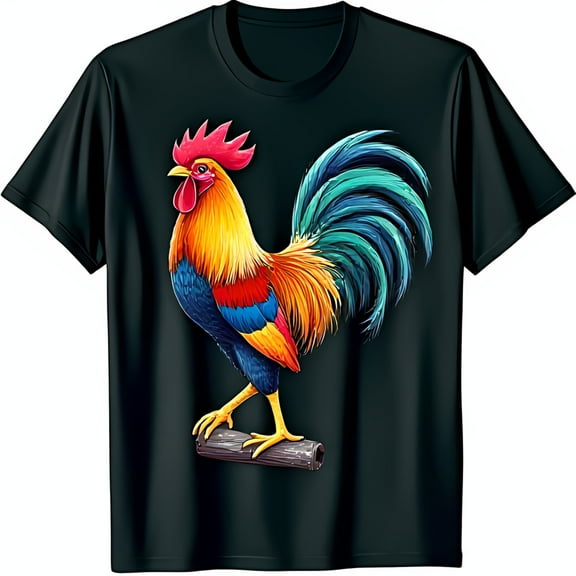 Vibrant Rooster Graphic Black T-Shirt Colorful Plumage & Rustic Charm