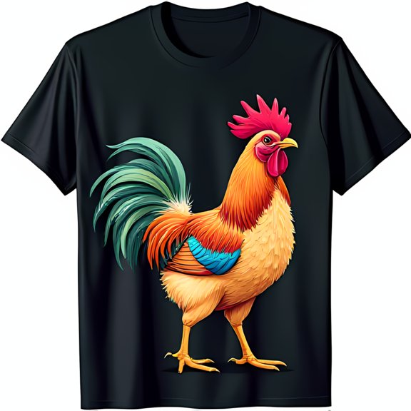 Vibrant Rooster Graphic T-Shirt Colorful Poultry Design on Black Tee