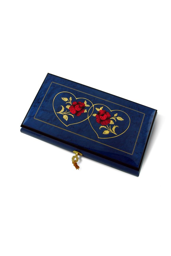 Vibrant Royal Blue Double Red Rose and Heart Musical Jewelry Box - Diamond's Are A Girls Best Friend