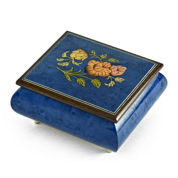 Vibrant Royal Blue Floral Wood Inlay Music Box - Have Yourself A Merry Little Xmas