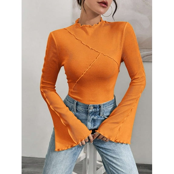 Vibrant Ruffled Long Sleeve Top (L, Orange)