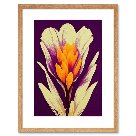 Vibrant Saffron Crocus Flower Abstract in Violet Orange Cream Artwork Framed Wall Art Print 9X7 Inch