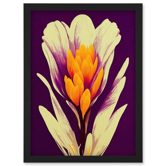Vibrant Saffron Crocus Flower Abstract in Violet Orange Cream Artwork Framed Wall Art Print A4