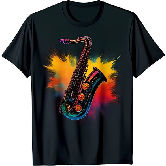 Vibrant Saxophone Graphic T-Shirt for Music Lovers Colorful Splatter Design on Black Tee