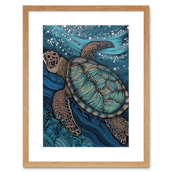 Vibrant Sea Turtle Swimming Under the Surface Artwork Framed Wall Art Print 9X7 Inch